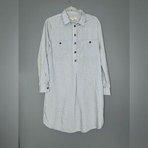 LOFT Shirt Dress Womens Large Blue White Stripe Popover Tunic Pockets *No Belt*